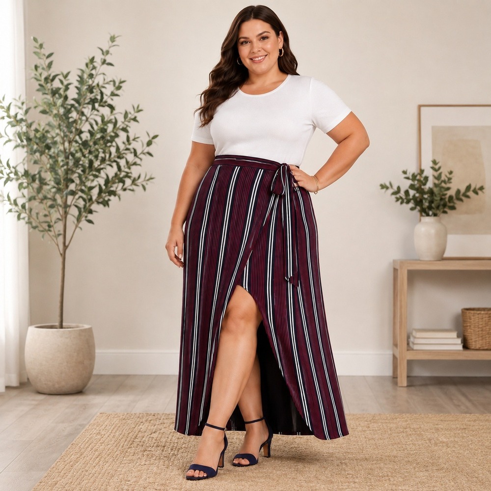 Banana Republic Striped Faux Wrap Maxi Skirt Navy Burgundy White Size 14
